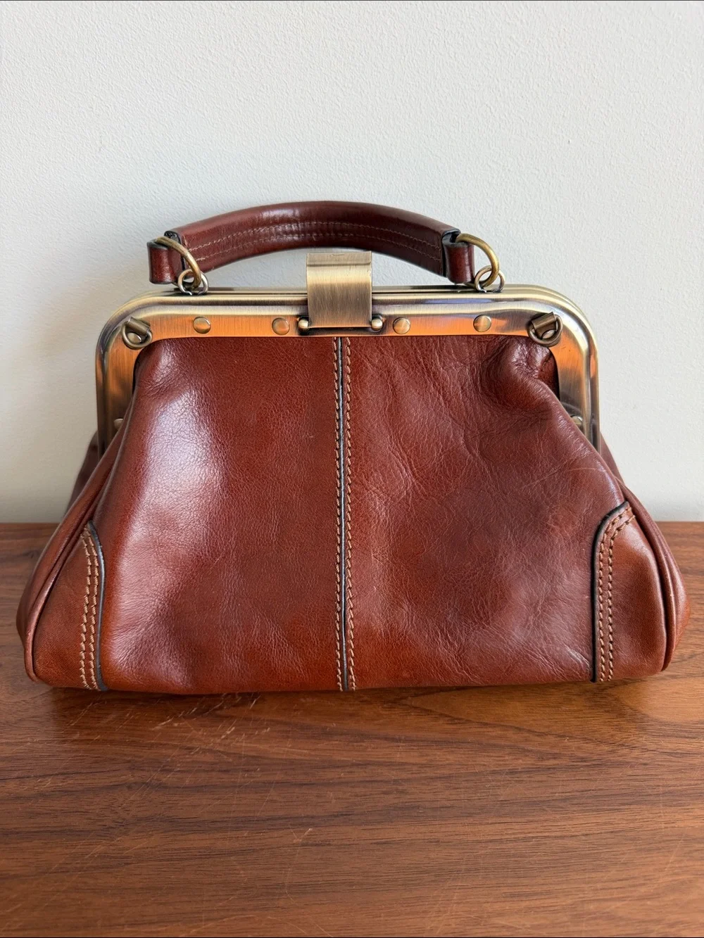 Gianni Conti Brown Italian Leather Metal Frame-Top Satchel Handbag